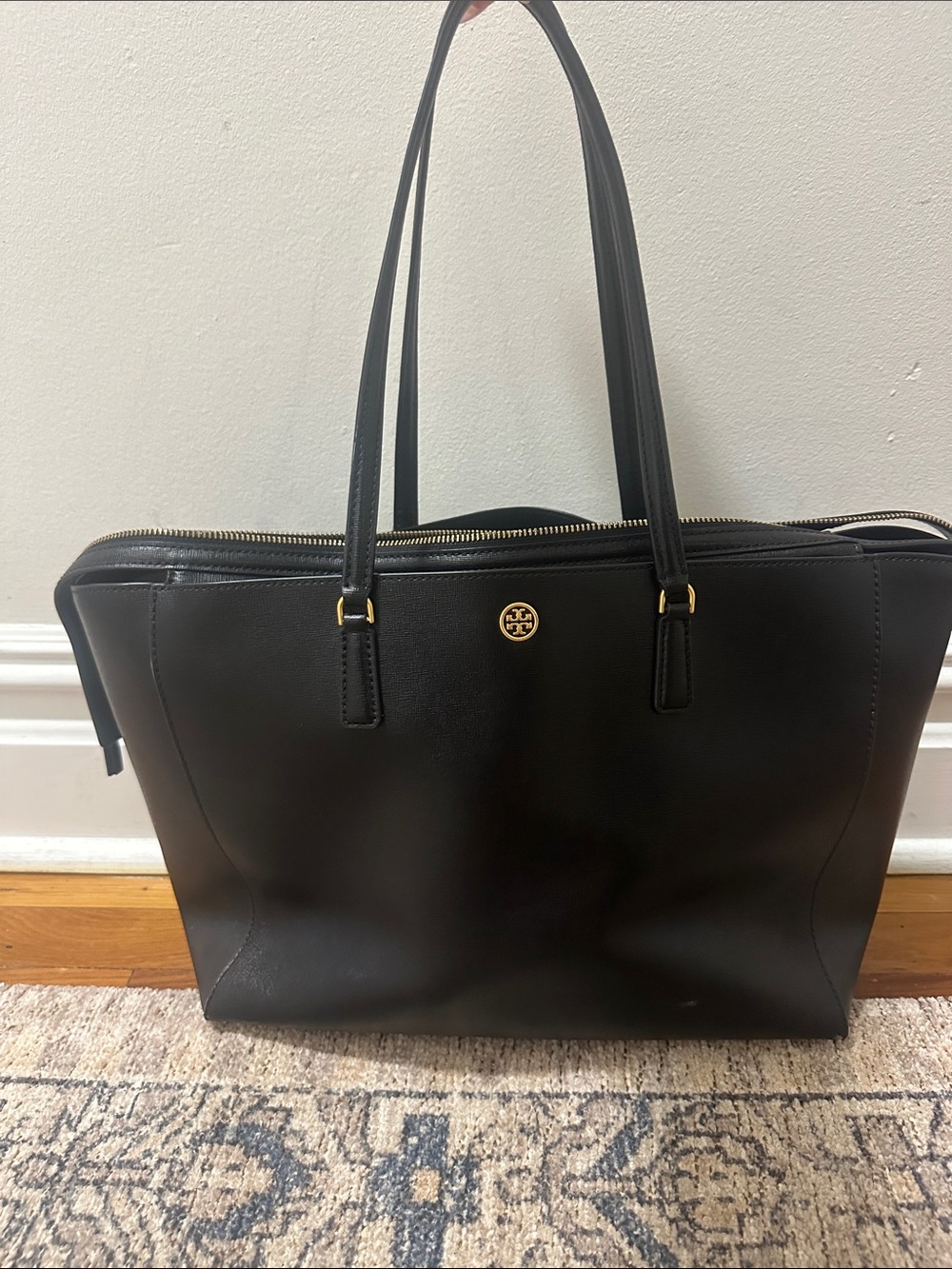 Tory Burch Black Leather Double-Handle Tote with Gold Logo